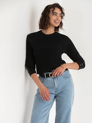 Ribbed Button-Sleeve Sweater