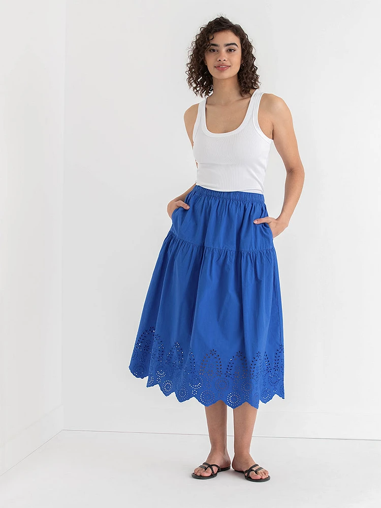 Midi Skirt with Eyelet Hem Detail