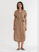 Linen Shirtdress with Roll Sleeves