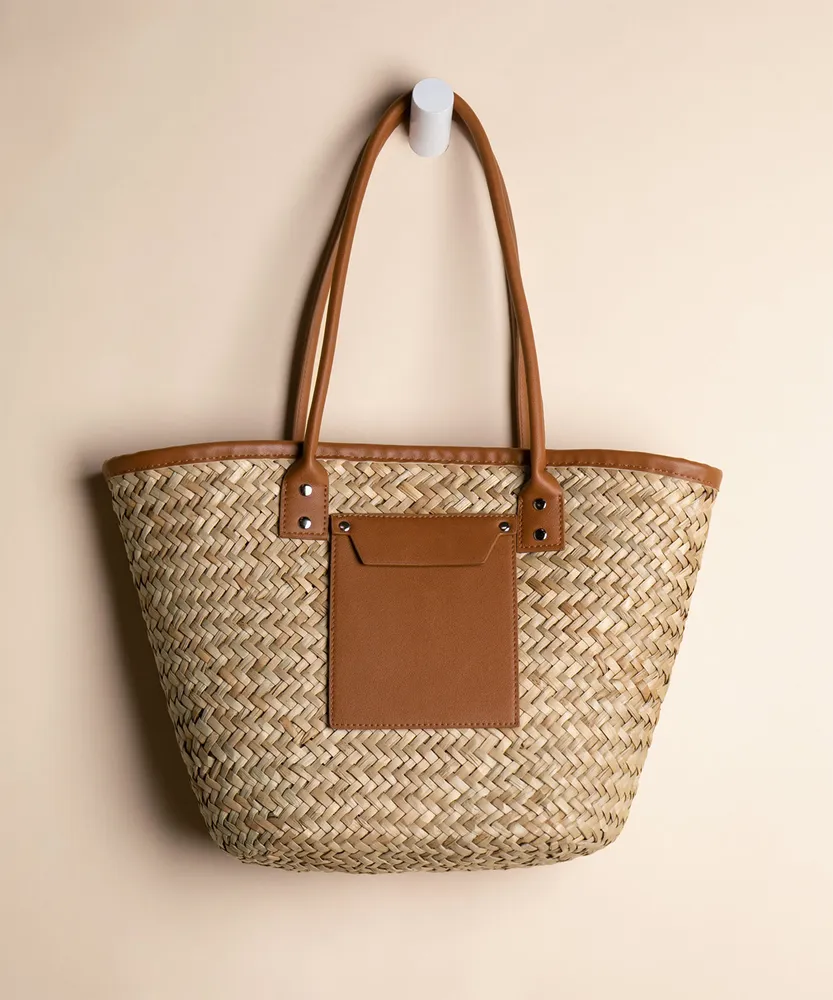 Straw Tote with Leather Detail