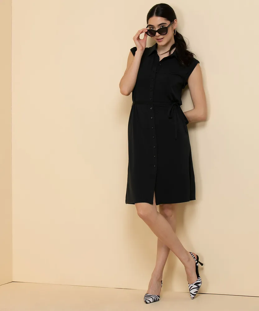 Collared Midi Dress with Tie Belt