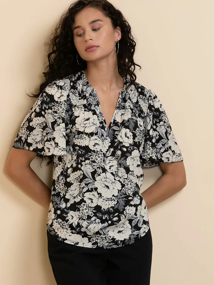 Short Sleeve V-Neck Blouse with Smocked Yoke