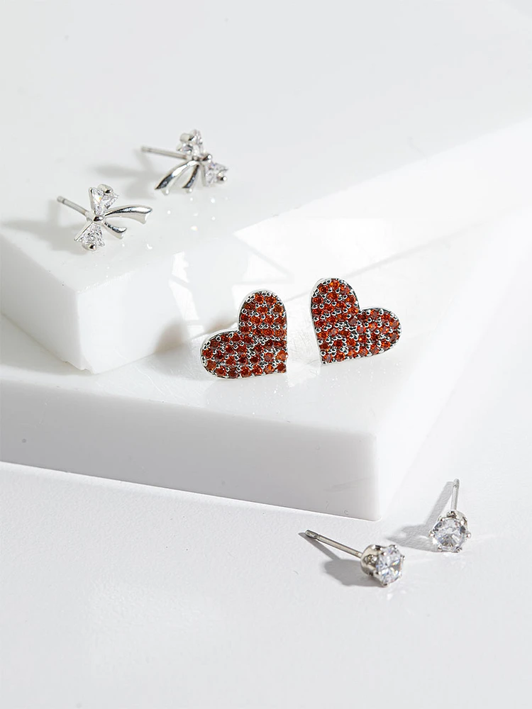 Rhinestone, Pave Heart + Bow Stud Earring Trio