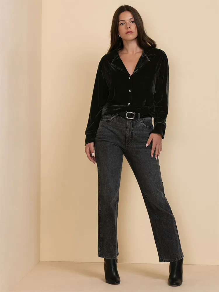 Black Velvet Button-Up Blouse