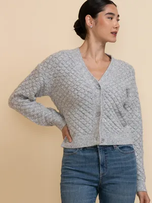 Button-Front Popcorn Stitch Cardigan