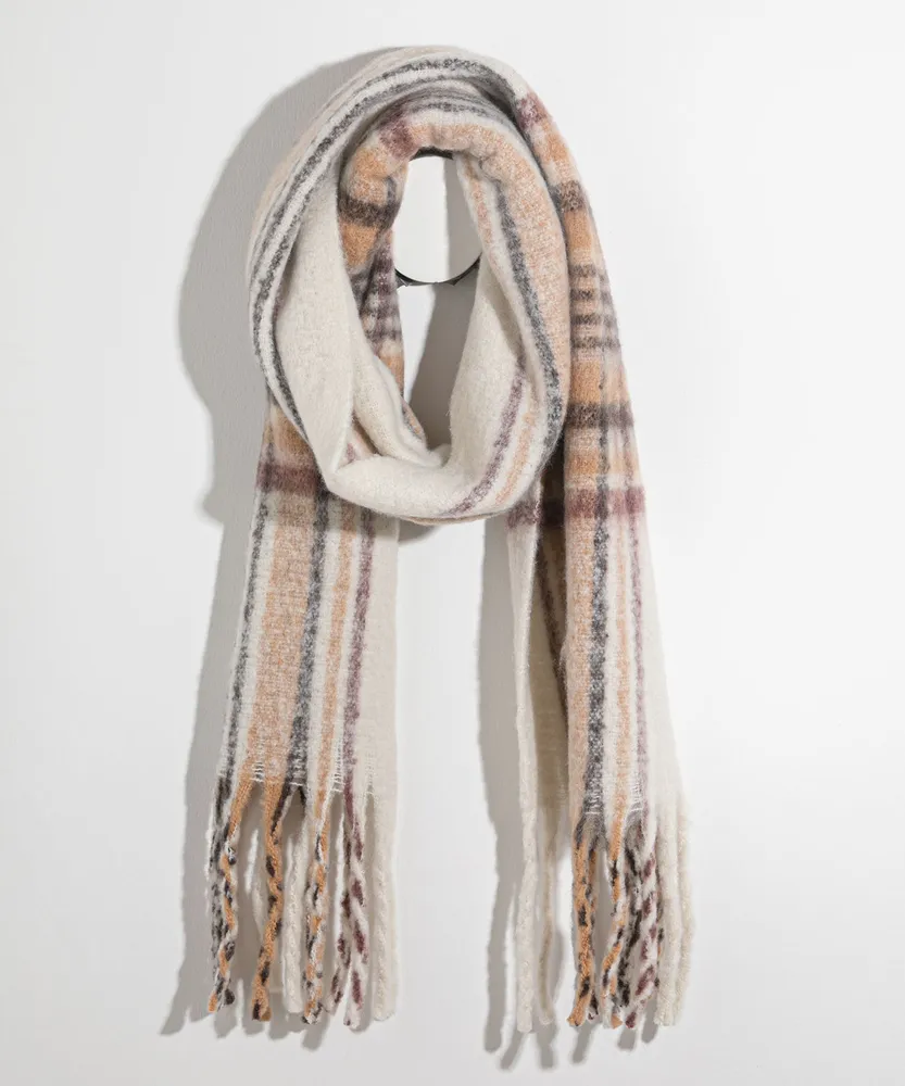 Plaid Fringe Scarf in Neutral Plaid