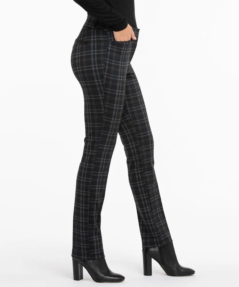 Luxe Ponte Straight Leg Pant Navy/Brown Plaid