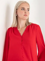 V-Neck Blouse with Covered Buttons