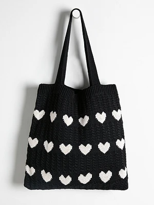 Knit Heart Tote Bag in Black