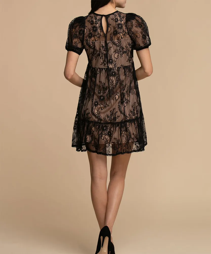 Tash + Sophie Puff Sleeve Lace Overlay Dress