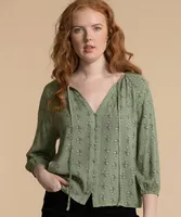 3/4 Sleeve Button-Front Boho Blouse