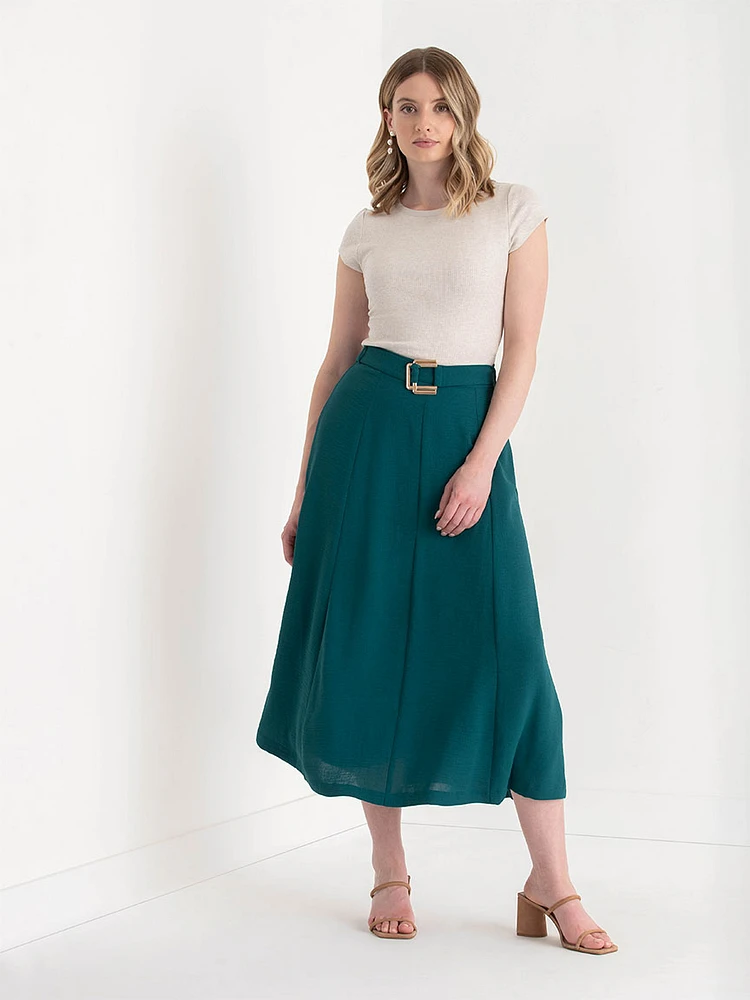 A-Line Textured Midi Skirt with Buckle