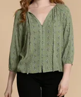 3/4 Sleeve Button-Front Boho Blouse