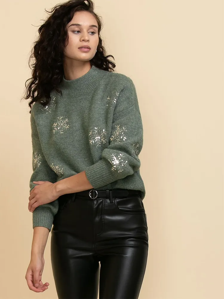 Mock Neck Sequin Snowflake Sweater