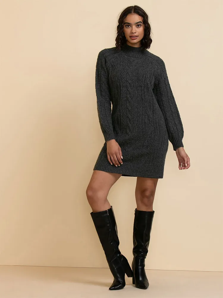 Mock Neck Cable Knit Sweater Dress