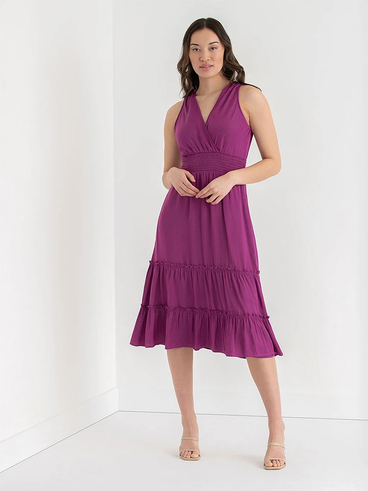 Sleeveless Ruffle Tiered Charmeuse Satin Midi Dress