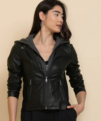 Faux Leather Jacket with Detachable Hood