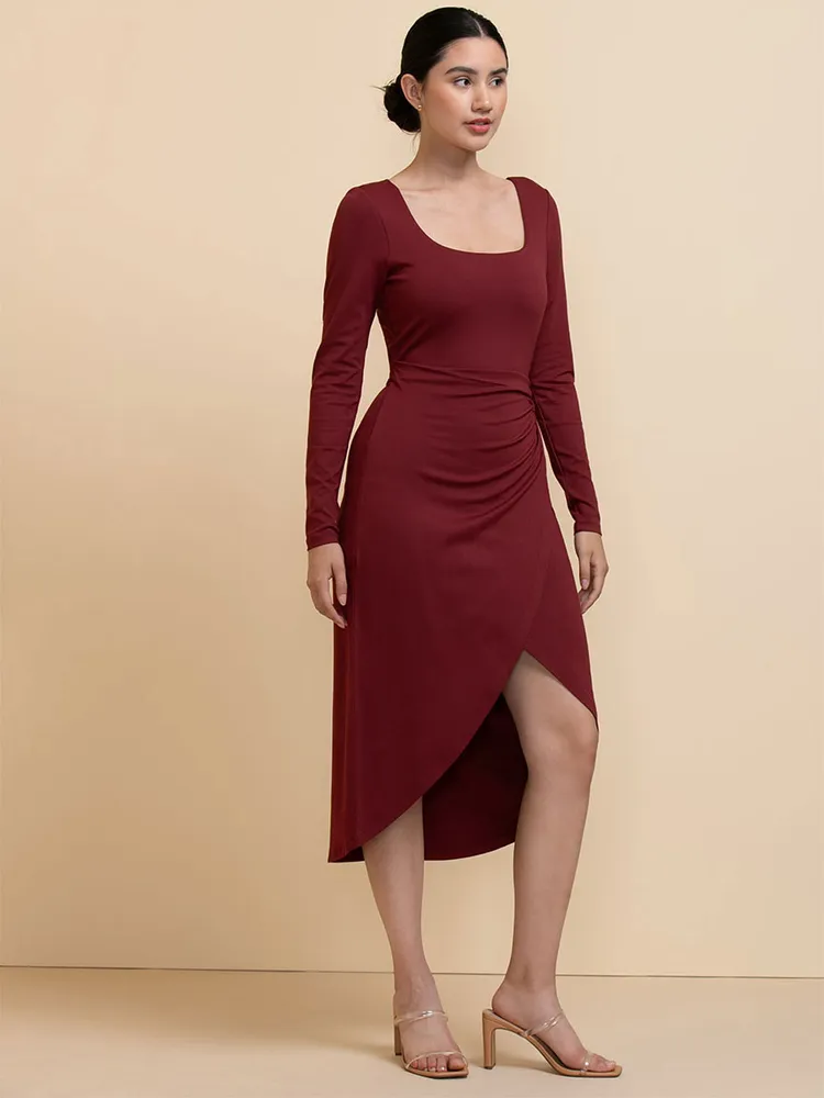 Long Sleeve Square Neck Tie Side Dress