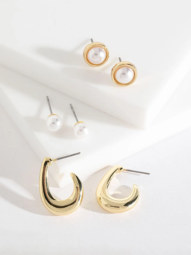 Pearl & Gold Metal Earring Trio Set