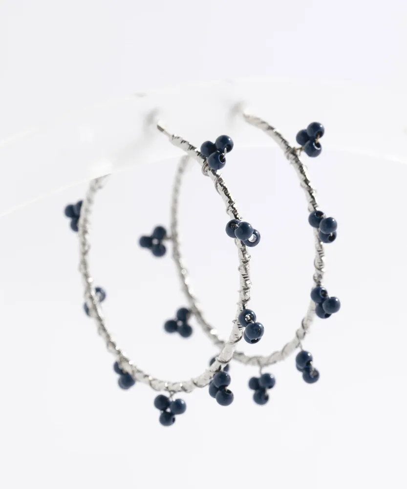 Silver Hoop Earrings with Flower Beads