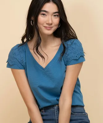 Tulip Sleeve Top with Eyelet Detail