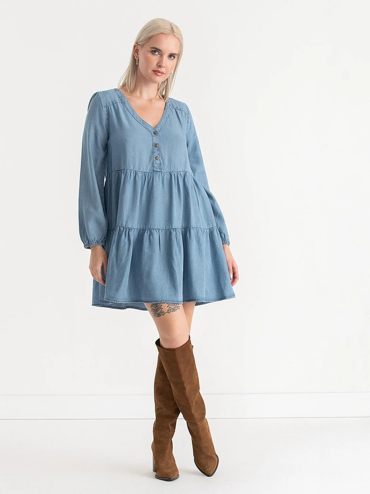 Tiered Smock Denim Dress