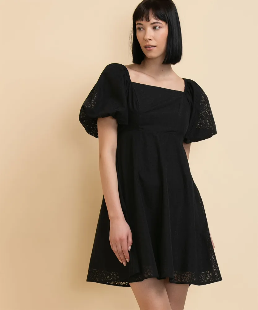 Square Neck Puff Sleeve Tie Back Dress