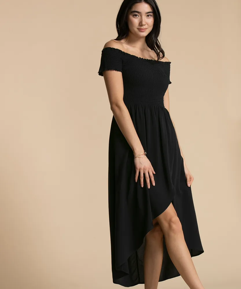 Smocked Off-Shoulder Asymmetrical Dress