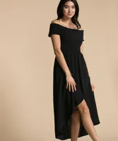 Smocked Off-Shoulder Asymmetrical Dress