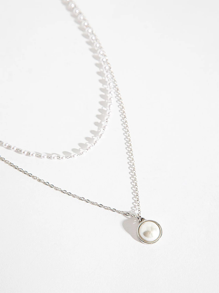 Layered Pearls & Solitaire Pendant Silver Necklace