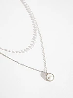 Layered Pearls & Solitaire Pendant Silver Necklace