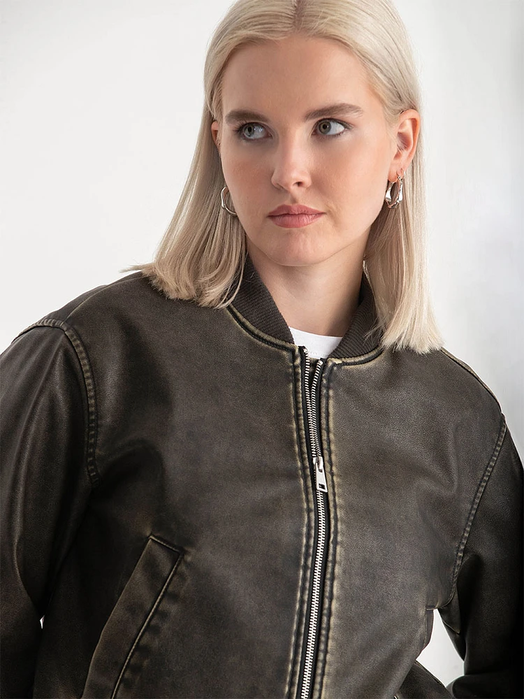 Faux Leather Bomber Jacket