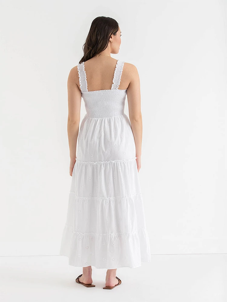 Smocked Bodice Eyelet Maxi Dress