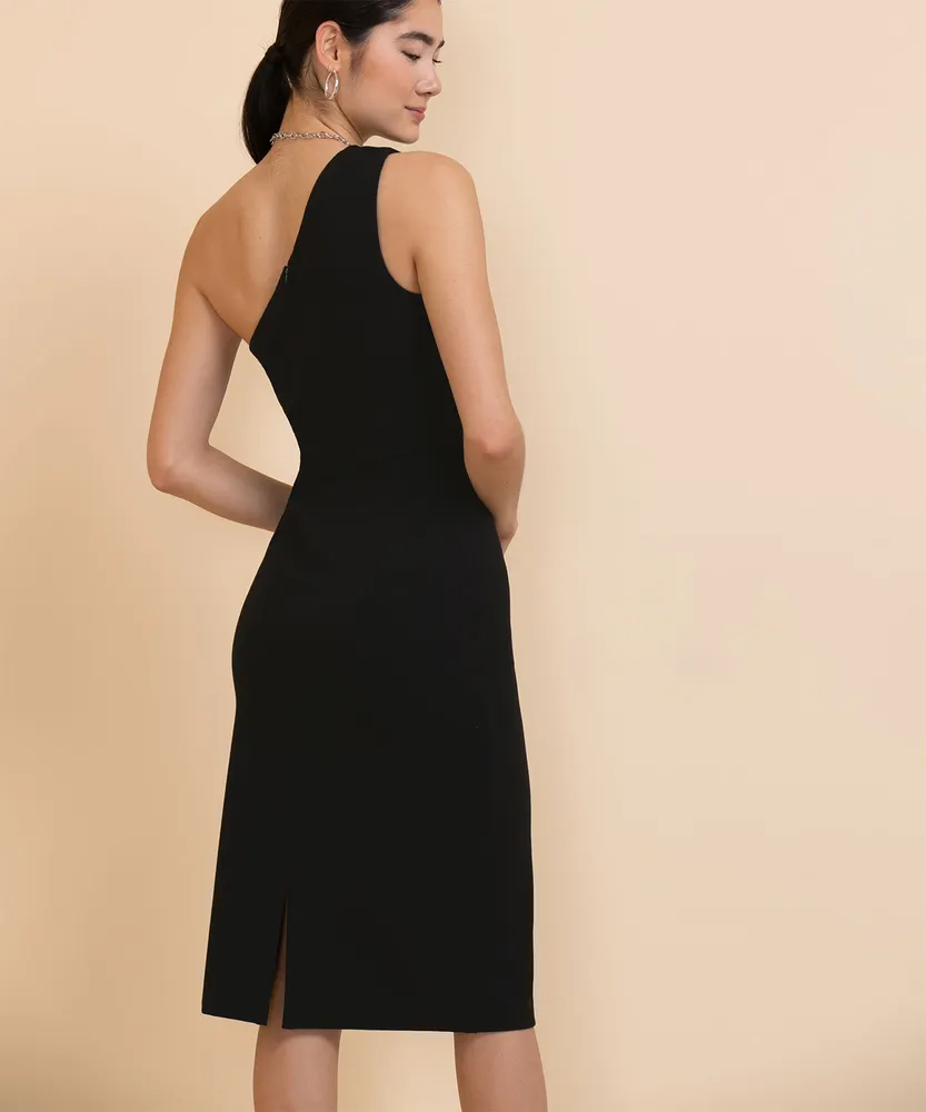 One Shoulder Black Midi Dress