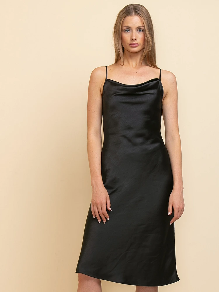 Strappy Cowl Neck Satin Dress