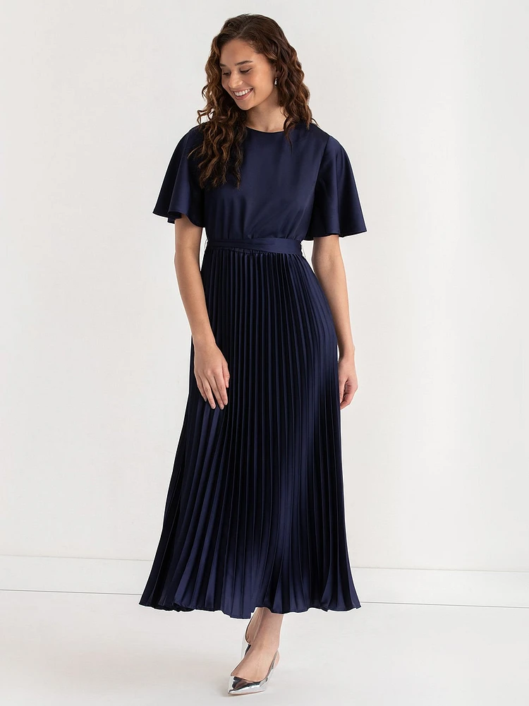 Short Sleeve Pleated Dress with Flutter Sleeves