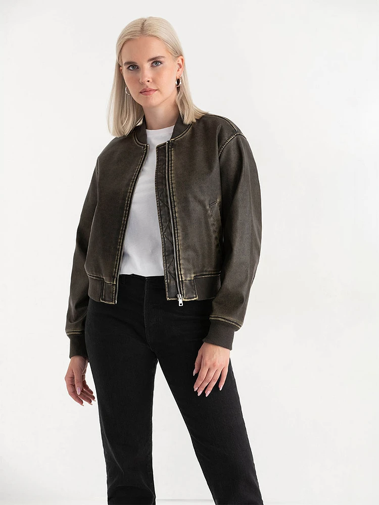 Faux Leather Bomber Jacket