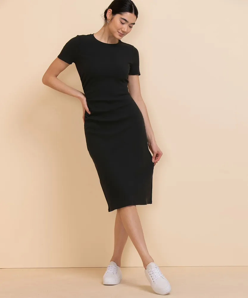 Short Sleeve Side Ruch Ribbed Midi Dress