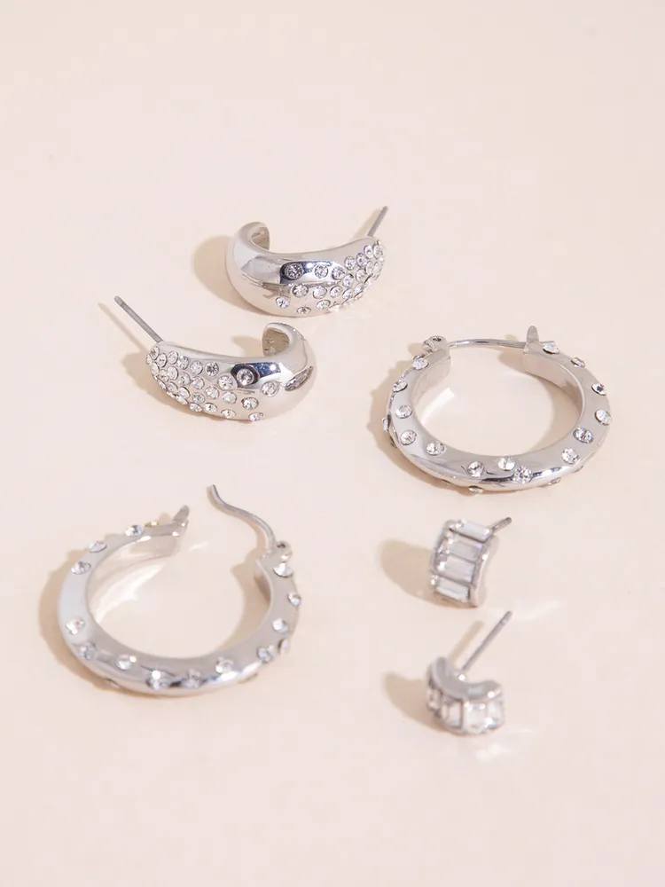 Silver Scattered Pave Hoops +Stud Earrings Set