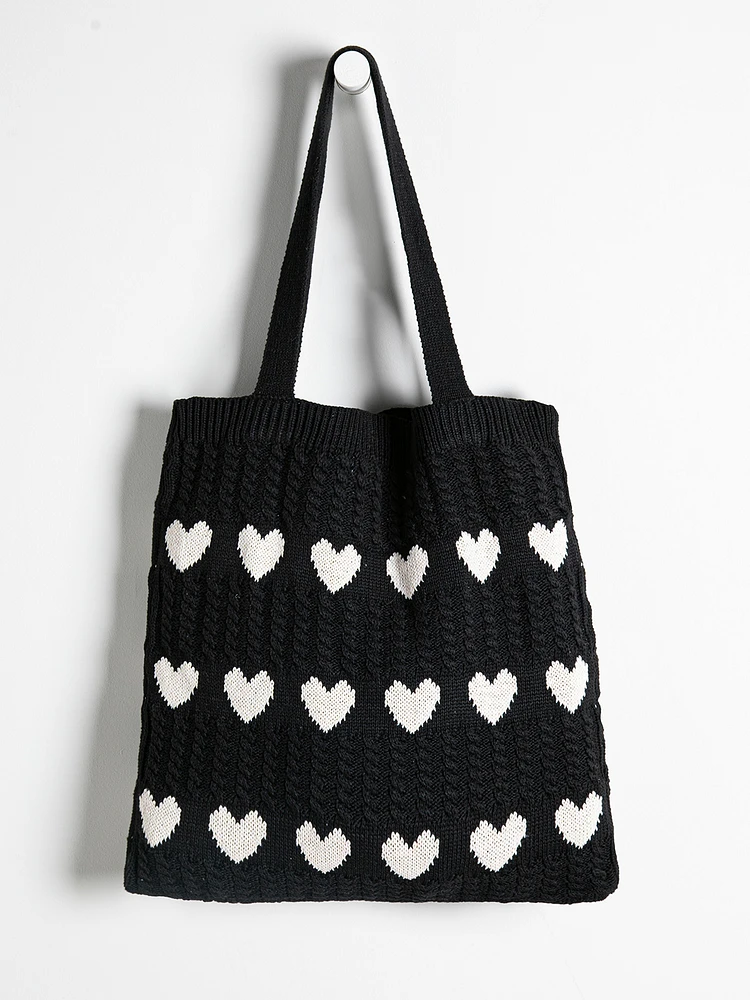 Knit Heart Tote Bag in Black