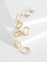 Gold Pave Paperclip + Hoop + Stud Earring Set