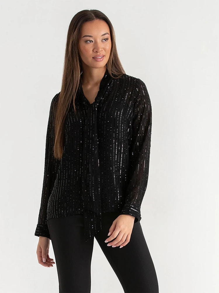 Pinstripe Sequin Blouse with Neck Tie