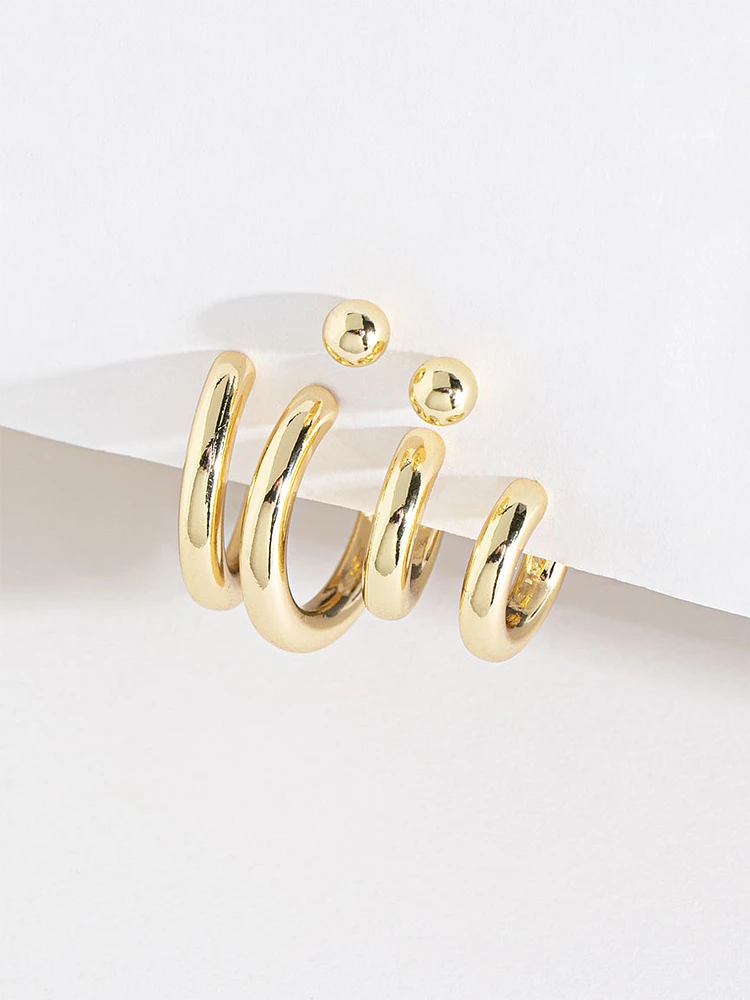 Ball Stud and Hoop Earring Trio in Gold