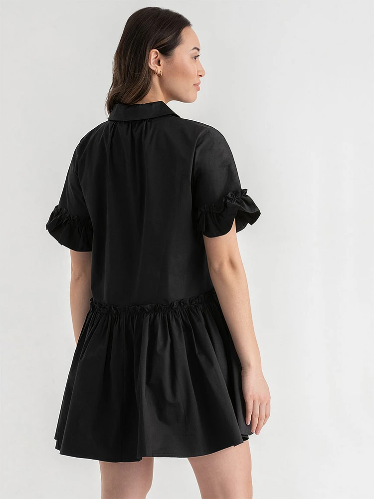 Short Sleeve Luxe Poplin Dress with Ruffles