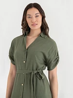 Linen Shirtdress with Roll Sleeves