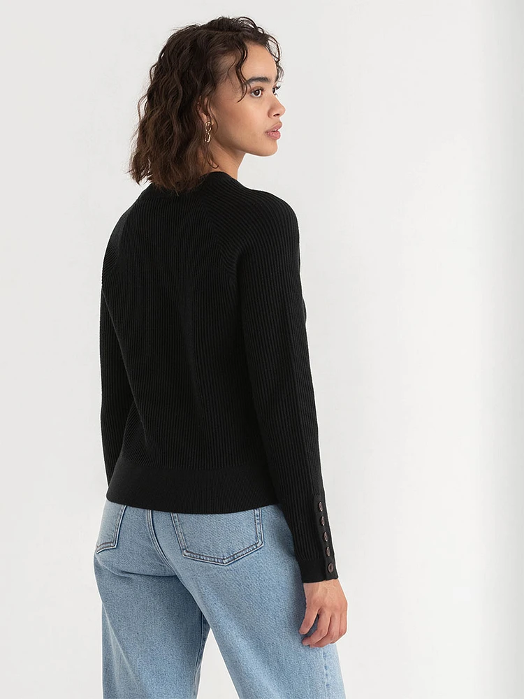 Ribbed Button-Sleeve Sweater