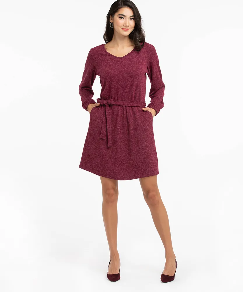 Tie Waist V-Neck Hacci Dress