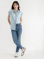 Relaxed Fit Button Up Denim Blouse