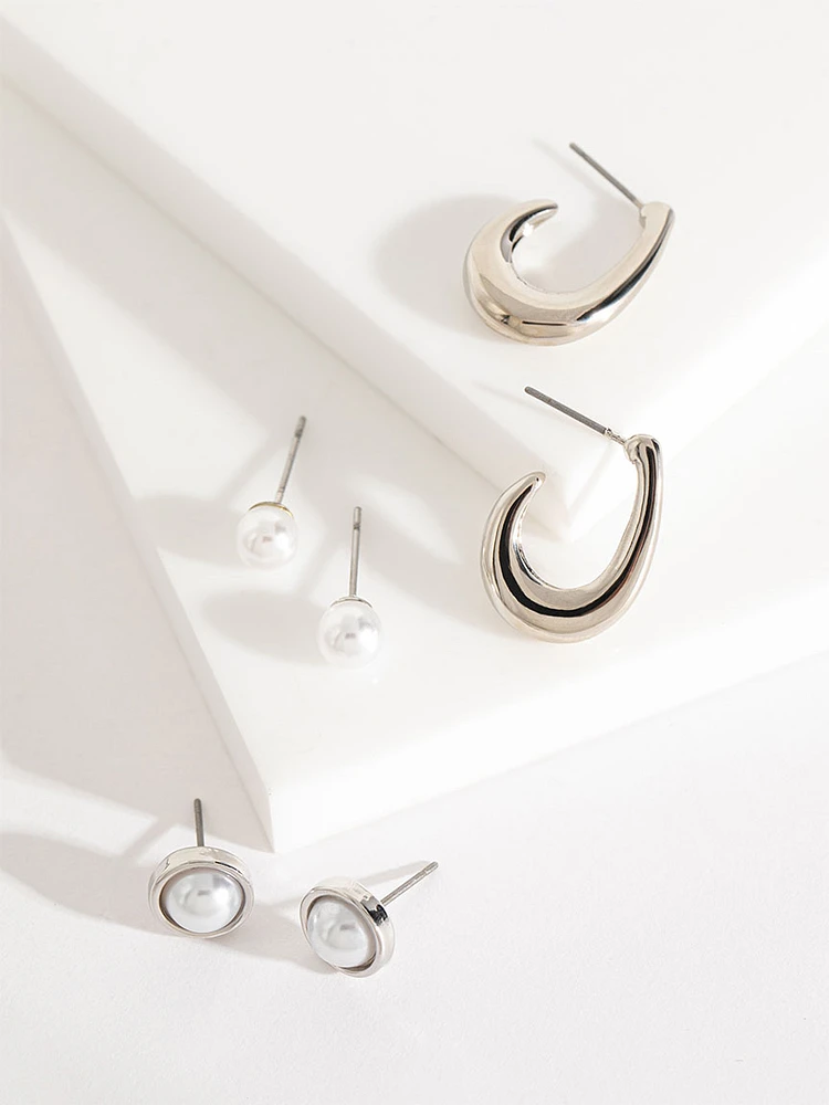 Pearl & Silver Metal Earring Trio Set