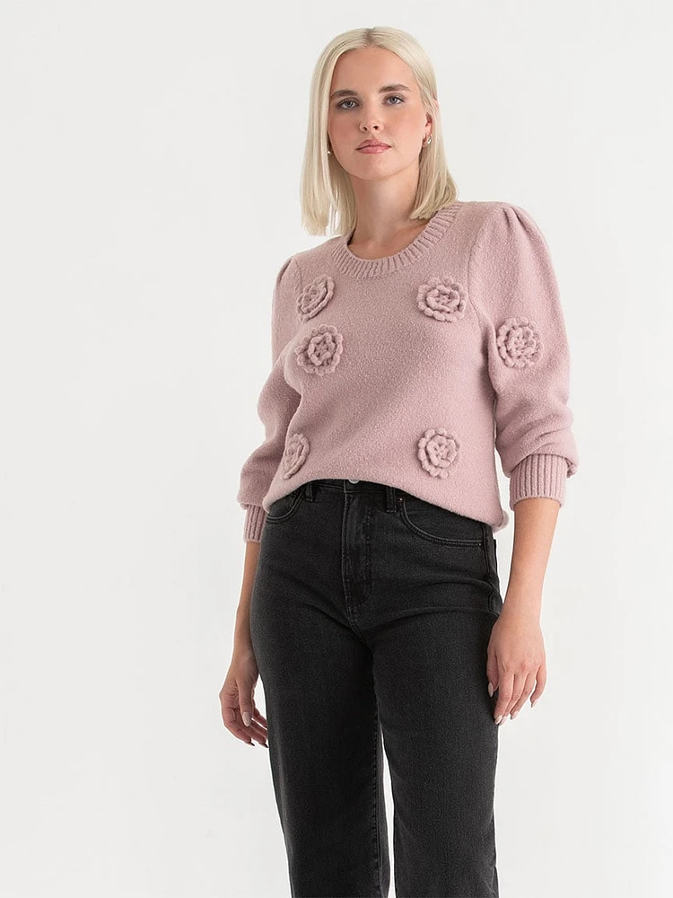 Crew Neck Rosette Sweater